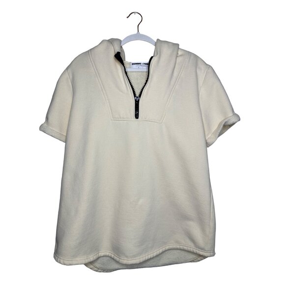 Homme + Femme Short Sleeve Hooded Sweatshirt Size Medium Cream Quarter Zip - Picture 9 of 9
